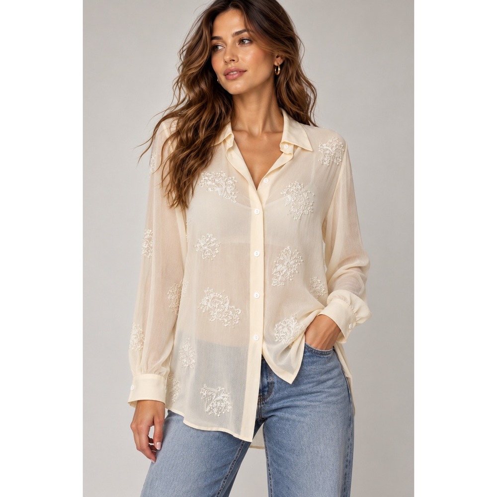 Valerie Stevens Ivory 100% Silk Embroidered Blouse L Quiet Luxury Sheer Romantic